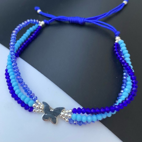 925 Sterling Silver Blue Thread  Butterfly Adjustable Three Layer Bracelet - Picture 9 of 13